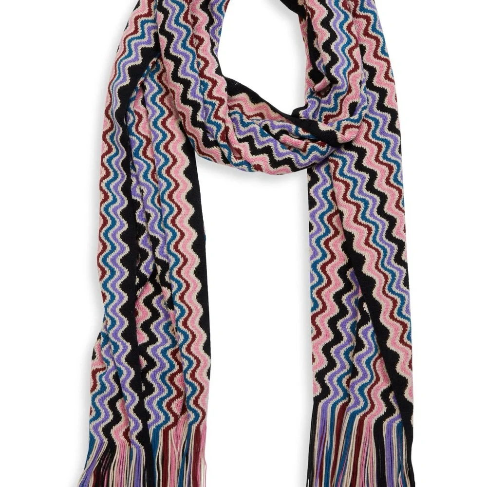 Missoni‎ Multicolor Zigzag Fringe Scarf in Pink, Navy & White